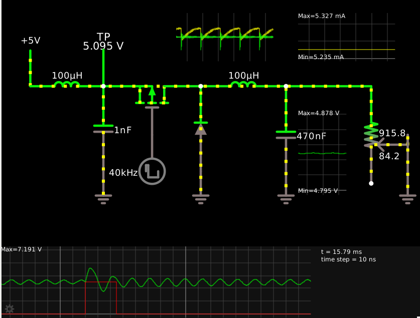 circuit V-100μH-a-1nF-GND; PMOS(S=a, G=square(40kHz, 90%)-GND, D=c-100μF-d-470nF-GND); GND->|-c; d-pot(10kΩ)-GND